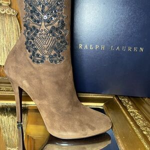 Ralph Lauren 2010 Collection Made in Italy Corita Brown Kid Suede Soutache Boot